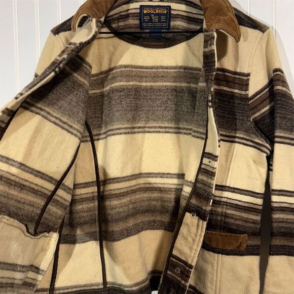 Woolrich Womens Wool Jacket Medium Striped Brown Cream Corduroy Collar USA Made - Picture 7 of 10